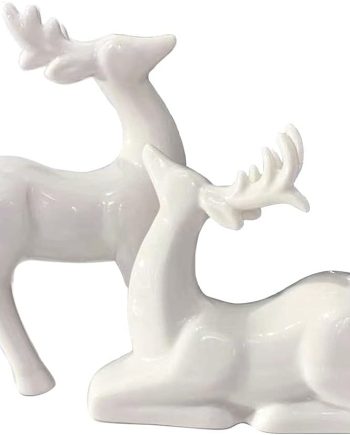 Porcelain Christmas Reindeer Figurines, Pack 2 Mini Animal Reindeer Decor Deer Statues Sculpture Tabletop Ornaments for Cabinet Mantel Shelves Fireplace Home Décor Accents Collectible Figurines