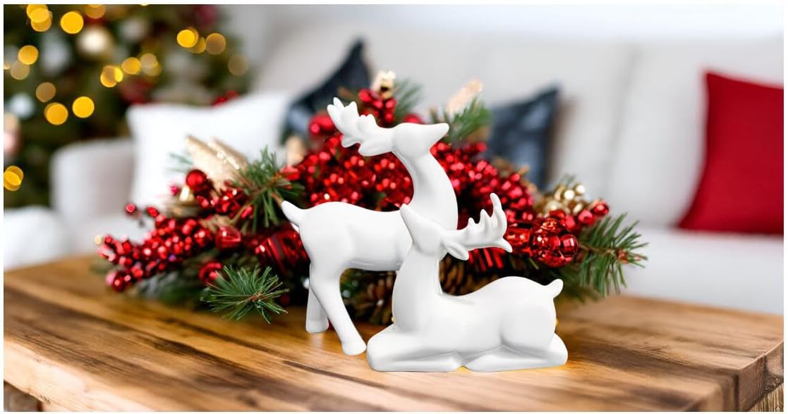 Porcelain Christmas Reindeer Figurines, Pack 2 Mini Animal Reindeer Decor Deer Statues Sculpture Tabletop Ornaments for Cabinet Mantel Shelves Fireplace Home Décor Accents Collectible Figurines