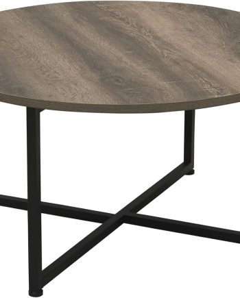 Round Coffee Table Ashwood Rustic Wood Grain and Black Metal 31.5 x 31.5, Taupe