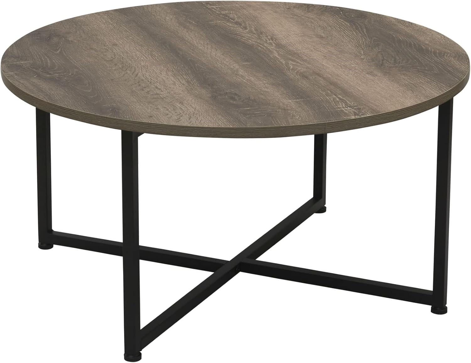 Round Coffee Table Ashwood Rustic Wood Grain and Black Metal 31.5 x 31.5, Taupe