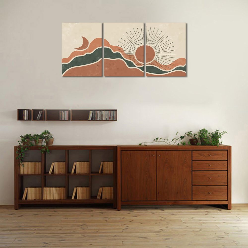 Orange Boho Wall Art Set of 3 Abstract Mountains and Rivers Framed Canvas Wall Decor Minimalist Posters Prints for Bedroom Living Room Office Wall Decor Ready to Hang - 12x16inchx3pcs