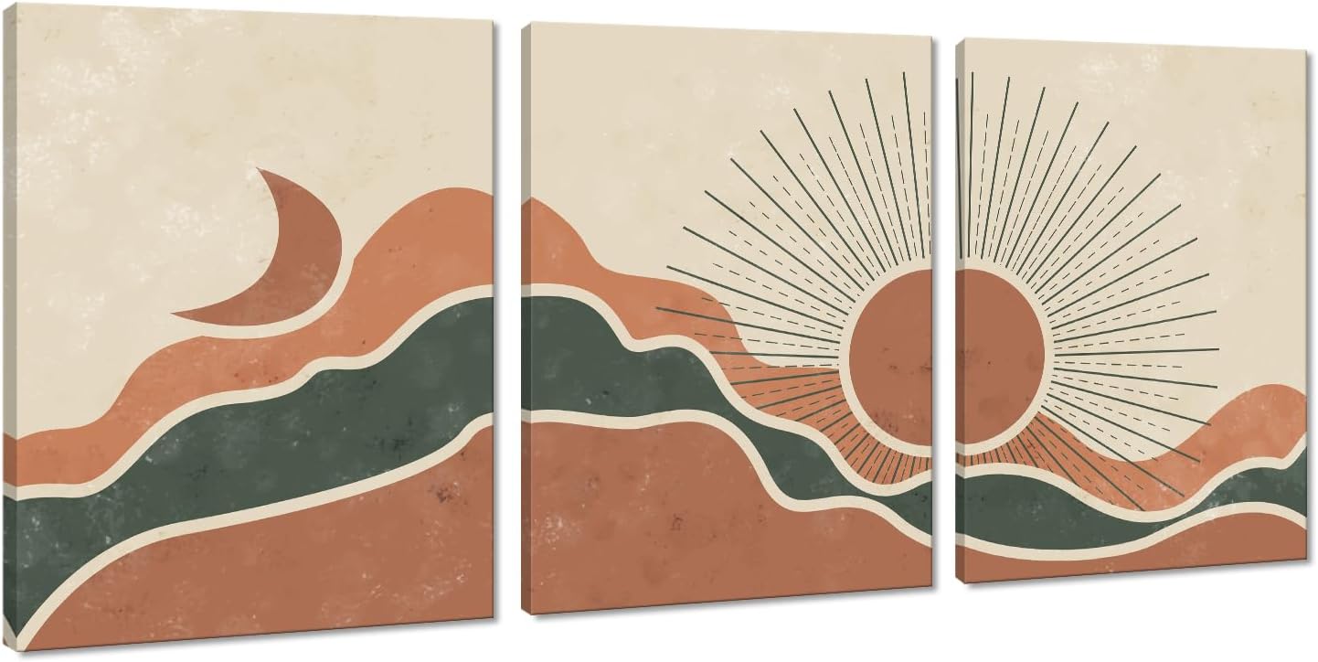 Orange Boho Wall Art Set of 3 Abstract Mountains and Rivers Framed Canvas Wall Decor Minimalist Posters Prints for Bedroom Living Room Office Wall Decor Ready to Hang - 12x16inchx3pcs