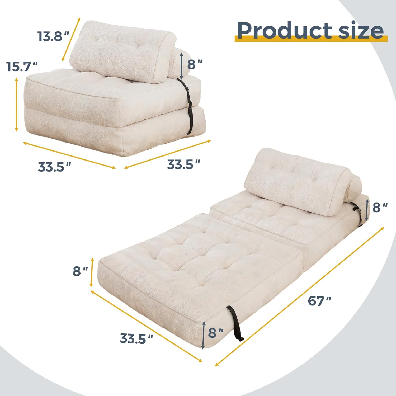 Folding Sofa Bed, Convertible Sleeper Chair with Pillow Foldable Mattress with Back Support, Portable Fold Out Sofa Couch Fuzzy Fabric Comfy Floor Lounge for Living Room Apartment, Beige
