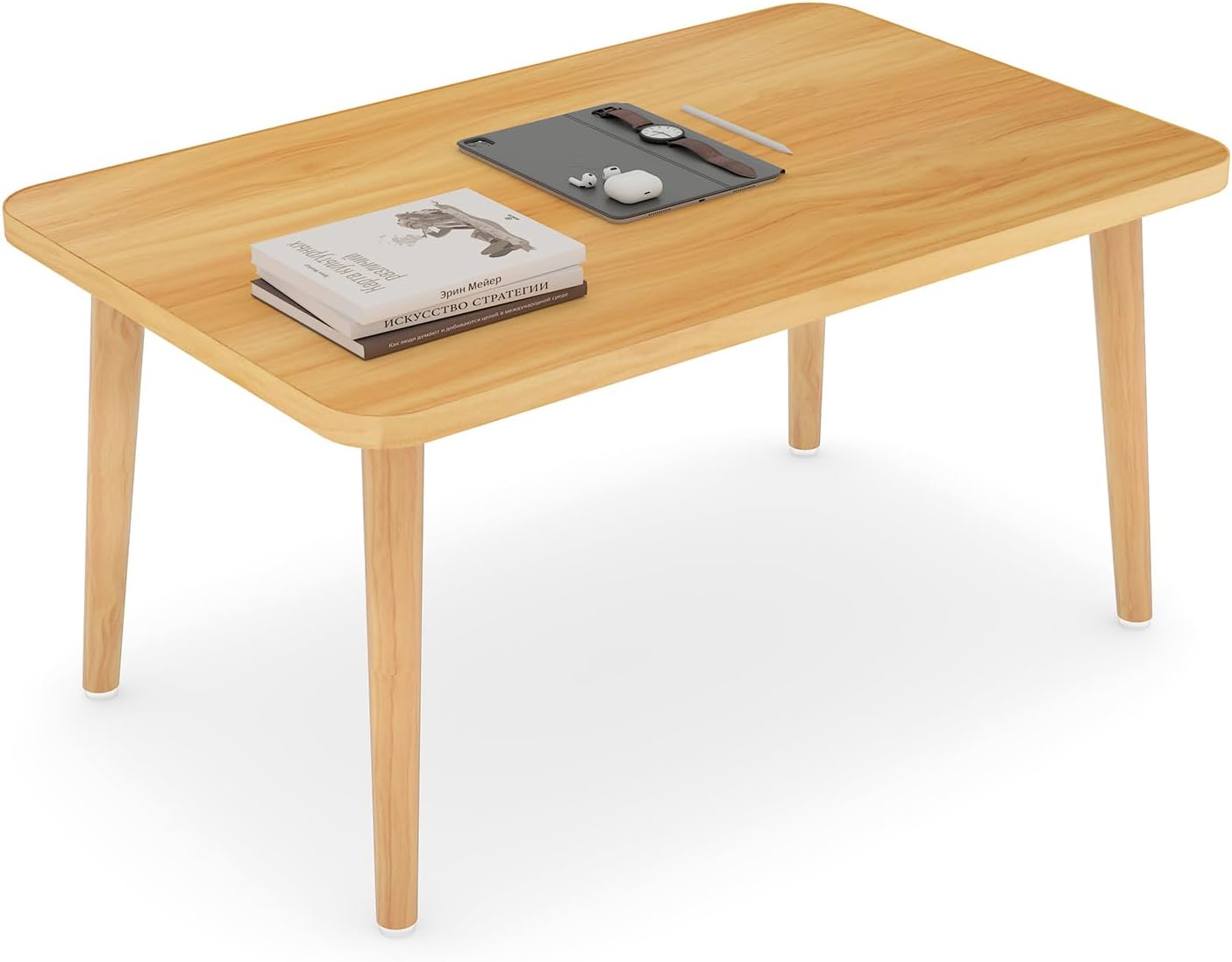 Square Coffee Table Low Table with 4 Solid Wood Sturdy Legs, Floor Table Desk for Sitting on The Floor, Storage and Living Room Furniture (Natural)
