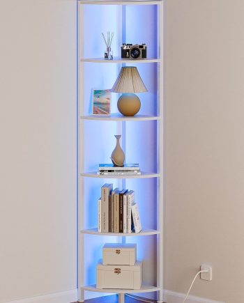 6 Tier Corner Shelf with  Light, 67.5” Tall Standing Shelf Organizer, White Narrow Bookshelf with Storage Rack for Wall Corner, Living Room, Bedroom, Metal Frame, Wood Display Shelf