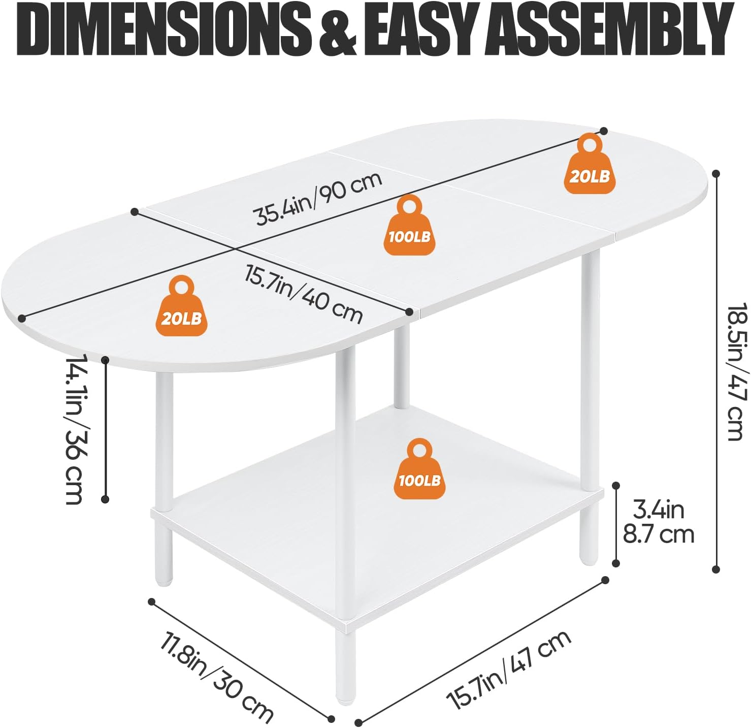 White Coffee Tables for Living Room,Mid Century Oval Center Table with Storage Shelf and Wood Tabletop,2-Tier Modern Narrow Cocktail Tea Table for Small Space,Small Apartment