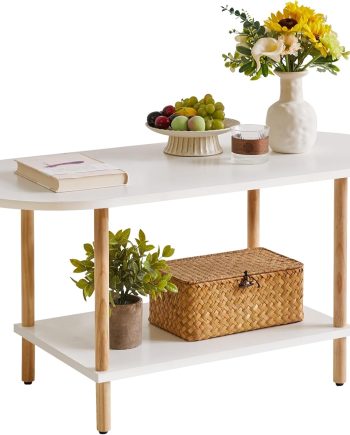 Oval Coffee Table White, Small Wooden Coffee Table for Small Space, Tea Table Stand 35 * 16 * 17 inches, 2 Tier Center Table for Living Room White