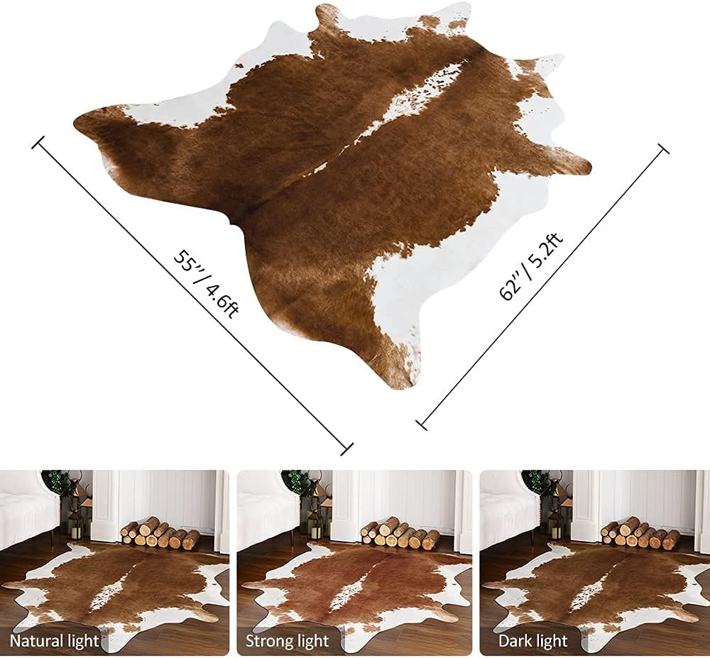 Cowhide Rug, Cute Cow Print Rug for Living Room Faux Cow Hide Animal Print Carpet for Bedroom Office Table, 4.6 x 5.2 Feet, Khaki Brown