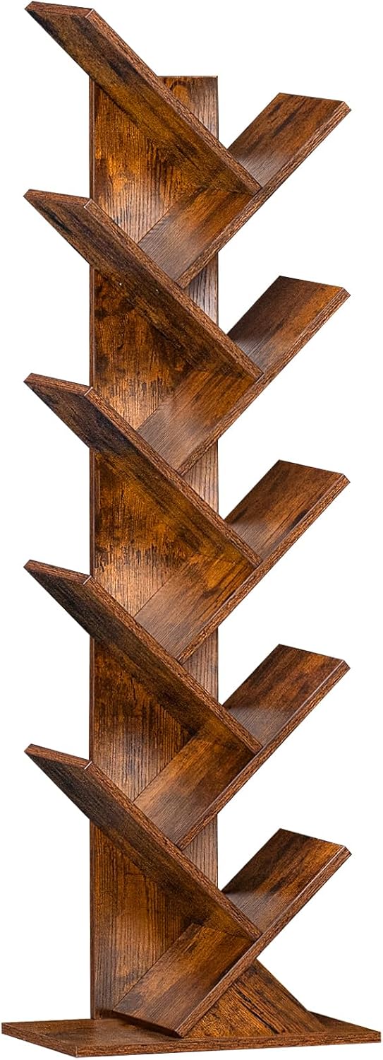 10 Tier Tree Book Shelf, Floor Standing Wood Bookshelf for Narrow Space, Storage Organizer Bookshelves for Books/s/Magazine, Bookcase with Shelves for Home Office, Living Room - Brown