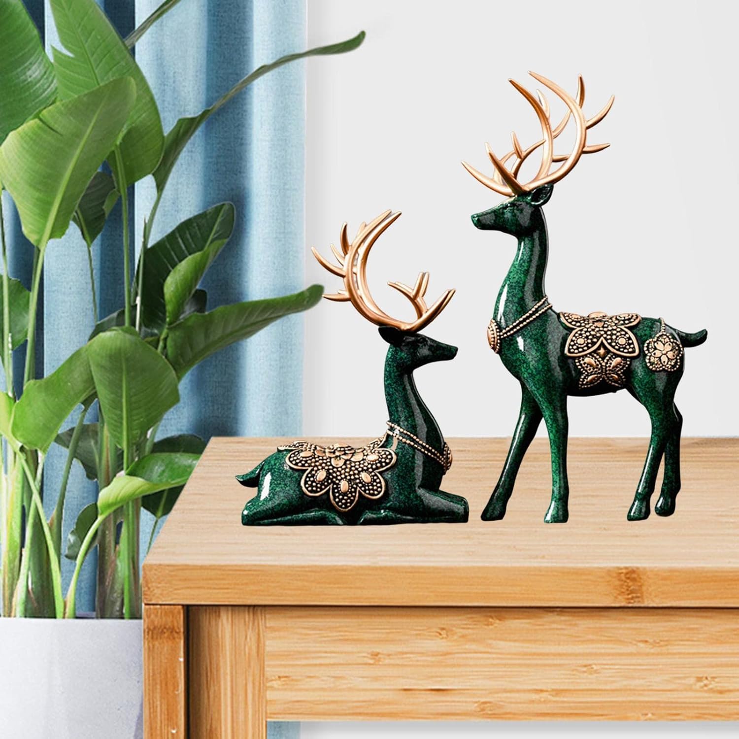 Modern Deer Figurines Reindeer Sculptures Art Works Souvenirs Ornament Tabletop Elk Statues for Living Room Decors TV Stand Sill Wedding, Green