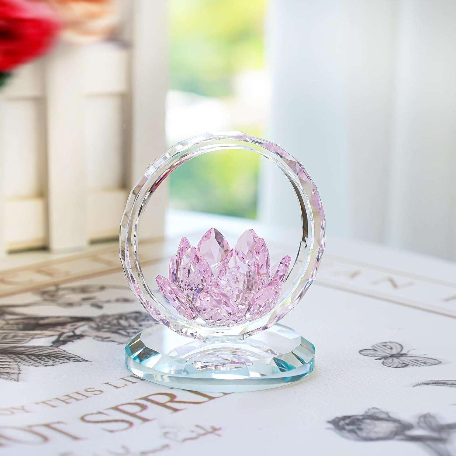 Pink Crystal Lotus Flower Basket Figurine Crystal Lotus Figurine Collectible Glass Flower Basket Ornament for Home Tabletop Centerpiece Decor