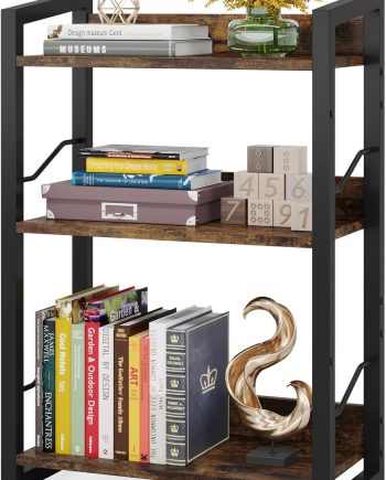 Book Shelf Small Bookshelf: 3-Tier Wood Bookcase Industrial Bookshelf with Edge Protection Metal Narrow Bookcase Storage Organizer Display Rack for Bedroom Home Office (Rustic Brown)