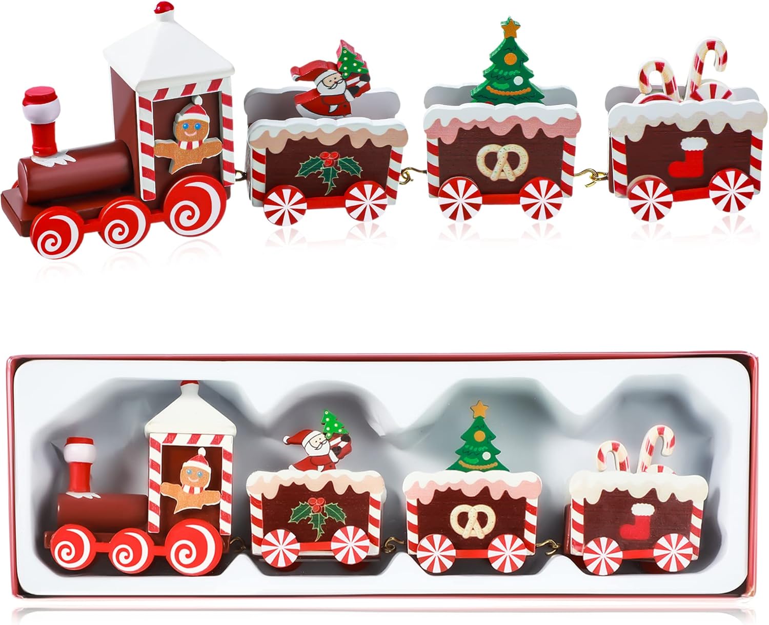 Christmas Train Painted Wooden Christmas Decoration Mini Christmas Tree Train Christmas Decorations Wood Train Decor for Xmas Table Top Ornament for Festival Party Decor (Santa Claus, Red)