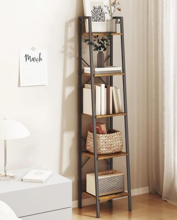 Ladder Shelf, Bookshelf Bookcase, Freestanding Corner Storage Shelve with 2 Hooks for Home Office, Living Room, Kitchen, Bedroom, Industrial, 5-Tier Rustic Brown