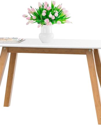 Small Coffee Table  Designer Low Table w/Wooden Bamboo Frame for Sitting, Storage and Living Room Furniture for Men and Women - White