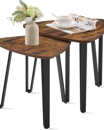 Nesting Coffee Tables, End Tables Set of 2 for Living Room Bedroom, Industrial Small Stacking Side Tables with Metal Frame for Couch, Rustic Brown and Black