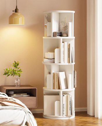 Rotating Bookshelf, 360 Display 4 Tier, Small Corner Bookshelf for Small Space, Floor Standing Bookcase Storage Rack, Wood Narrow Book Shelf Organizer for Bedroom, Living Room, White
