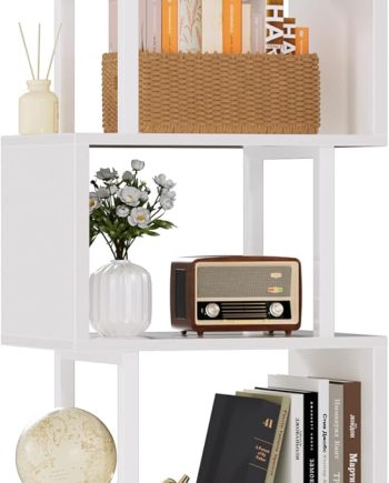 White Geometric Bookshelf 6 Tier S-Shaped Bookcase, Tall Modern Display Storage Shelf, Metal and Wood Decorative Freestanding Room Divider Shelves for Bedroom, Living Room, Office
