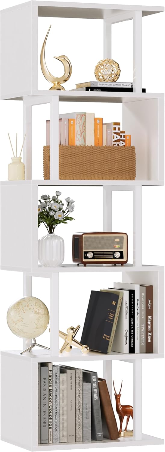 White Geometric Bookshelf 6 Tier S-Shaped Bookcase, Tall Modern Display Storage Shelf, Metal and Wood Decorative Freestanding Room Divider Shelves for Bedroom, Living Room, Office