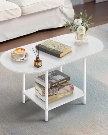 White Coffee Tables for Living Room,Mid Century Oval Center Table with Storage Shelf and Wood Tabletop,2-Tier Modern Narrow Cocktail Tea Table for Small Space,Small Apartment
