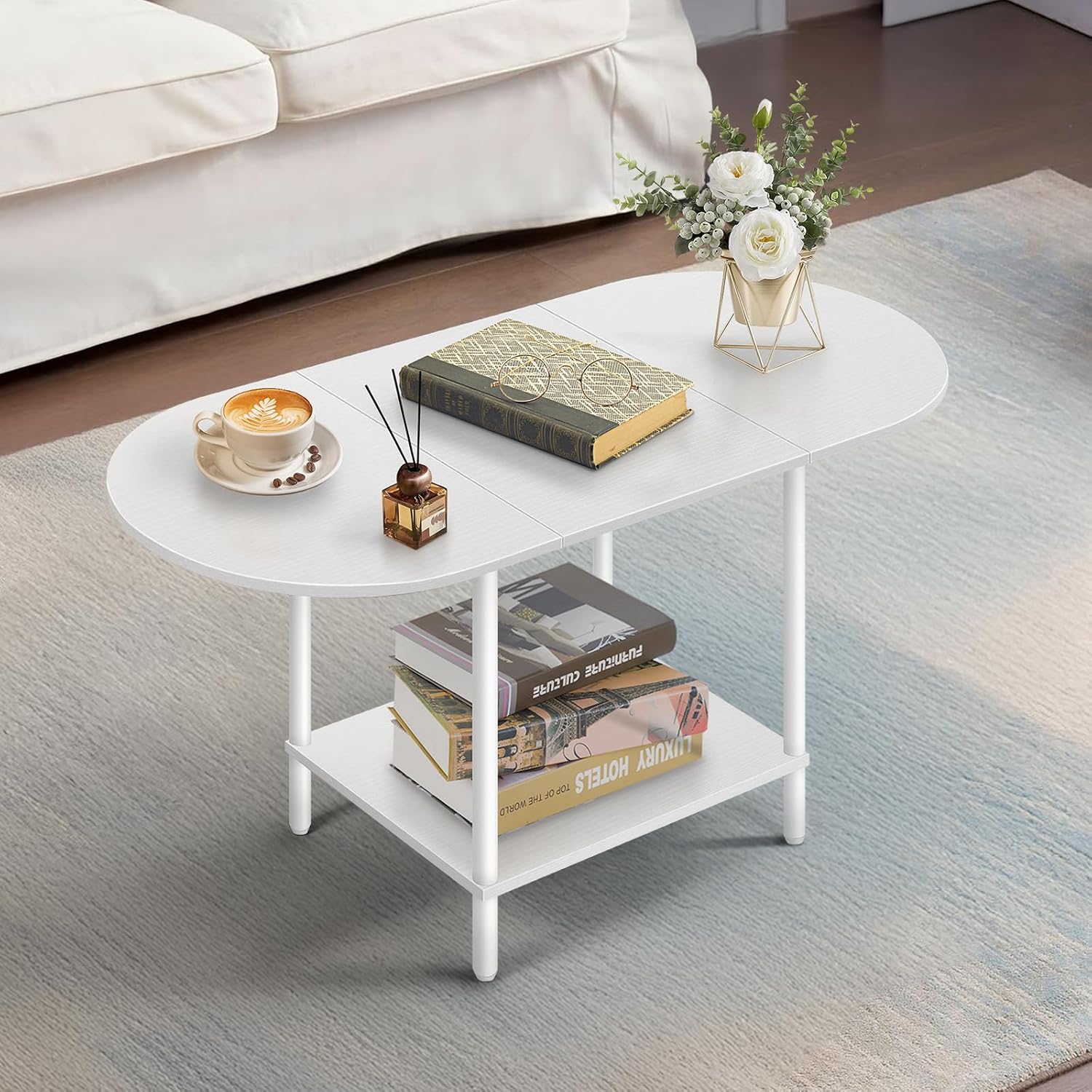 White Coffee Tables for Living Room,Mid Century Oval Center Table with Storage Shelf and Wood Tabletop,2-Tier Modern Narrow Cocktail Tea Table for Small Space,Small Apartment