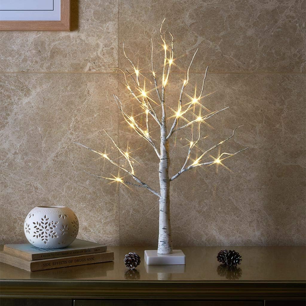Lighted Birch Tree Spring Decorations for Home, White Birch Tree with Lights, 24 LED Lighted Mini Money Tree Twig Tree Battery Operated with Timer, Christmas Indoor Centerpiece Decor (2FT)