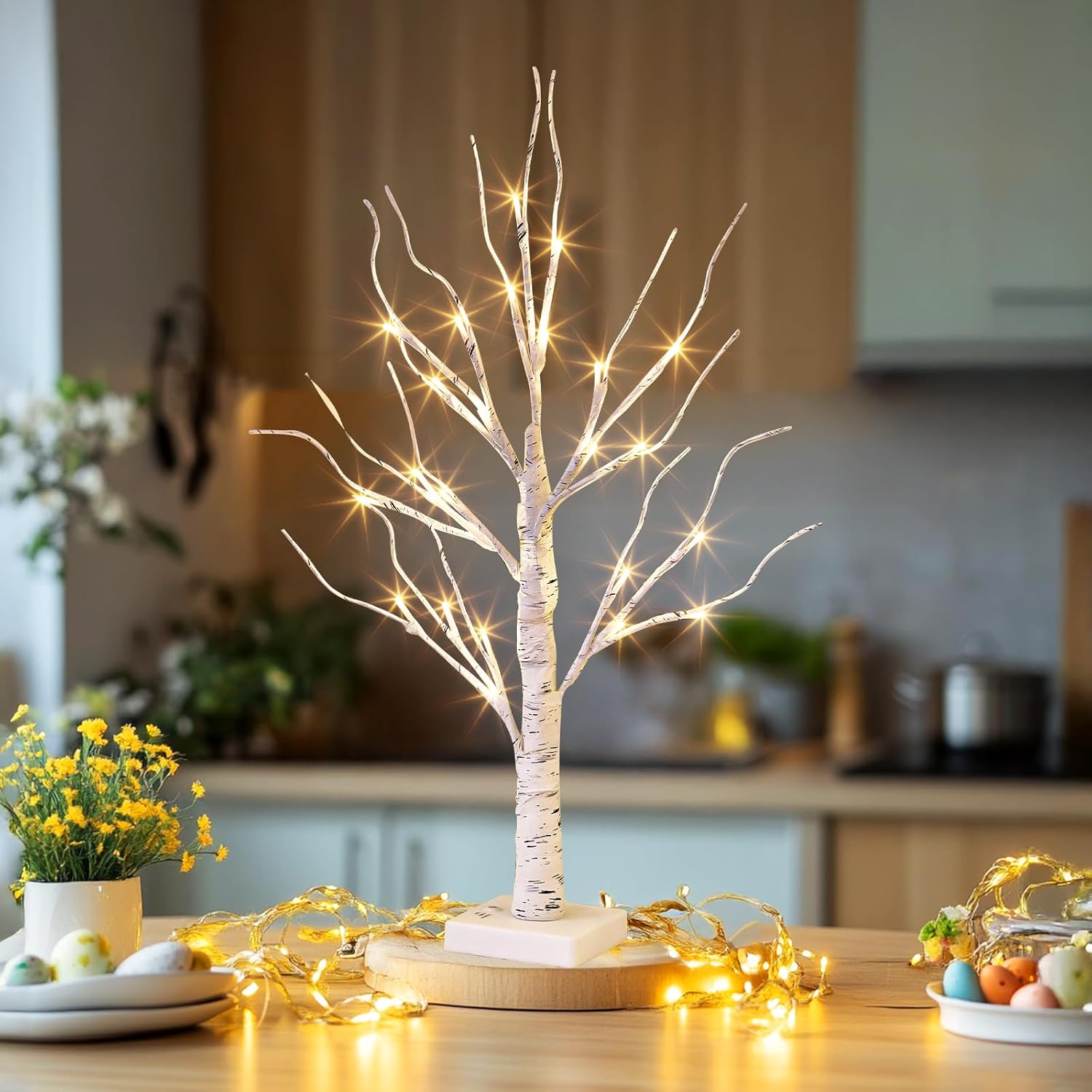 Lighted Birch Tree Spring Decorations for Home, White Birch Tree with Lights, 24 LED Lighted Mini Money Tree Twig Tree Battery Operated with Timer, Christmas Indoor Centerpiece Decor (2FT)