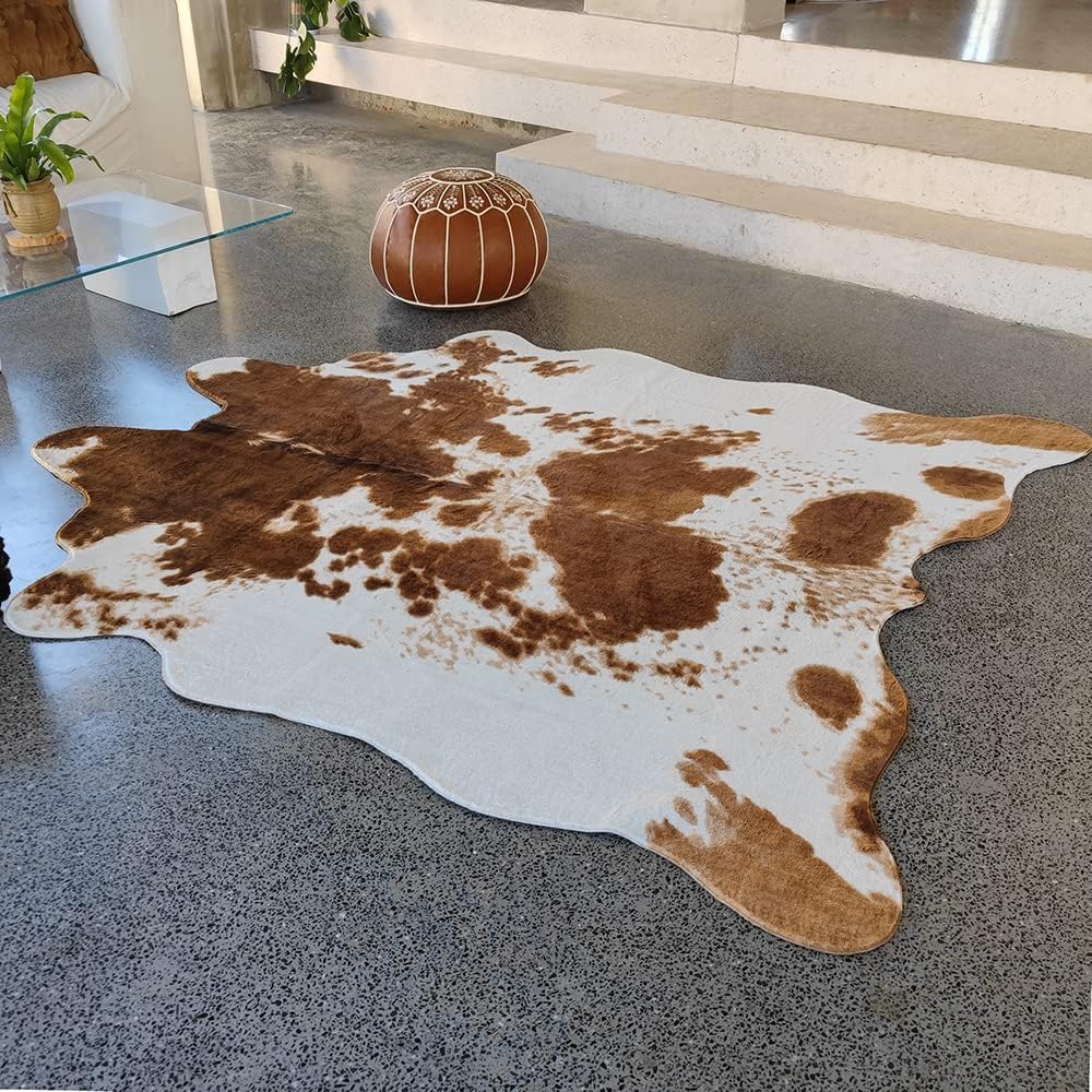 Premium Brown Cowhide 6.4 x 8.5 ft Area Rug - Faux Cow Fur Rug, Soft Polyester Fiber, Durable, Odorless, Fadeless, for Living Room, Bedroom, Western Decor