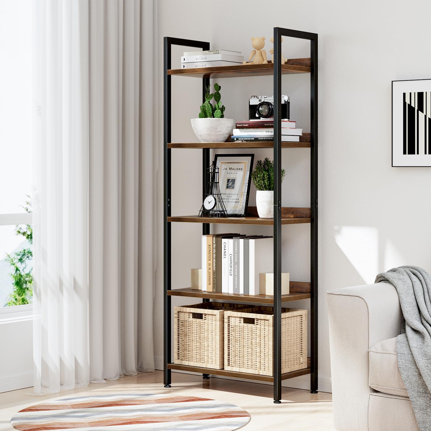 Bookshelf, 5 Tier Bookshelves, Home Office Bookcase Shelf Storage Organizer, Free Standing Storage Shelving Unit for Bedroom, Living Room and Home Office, Vintage
