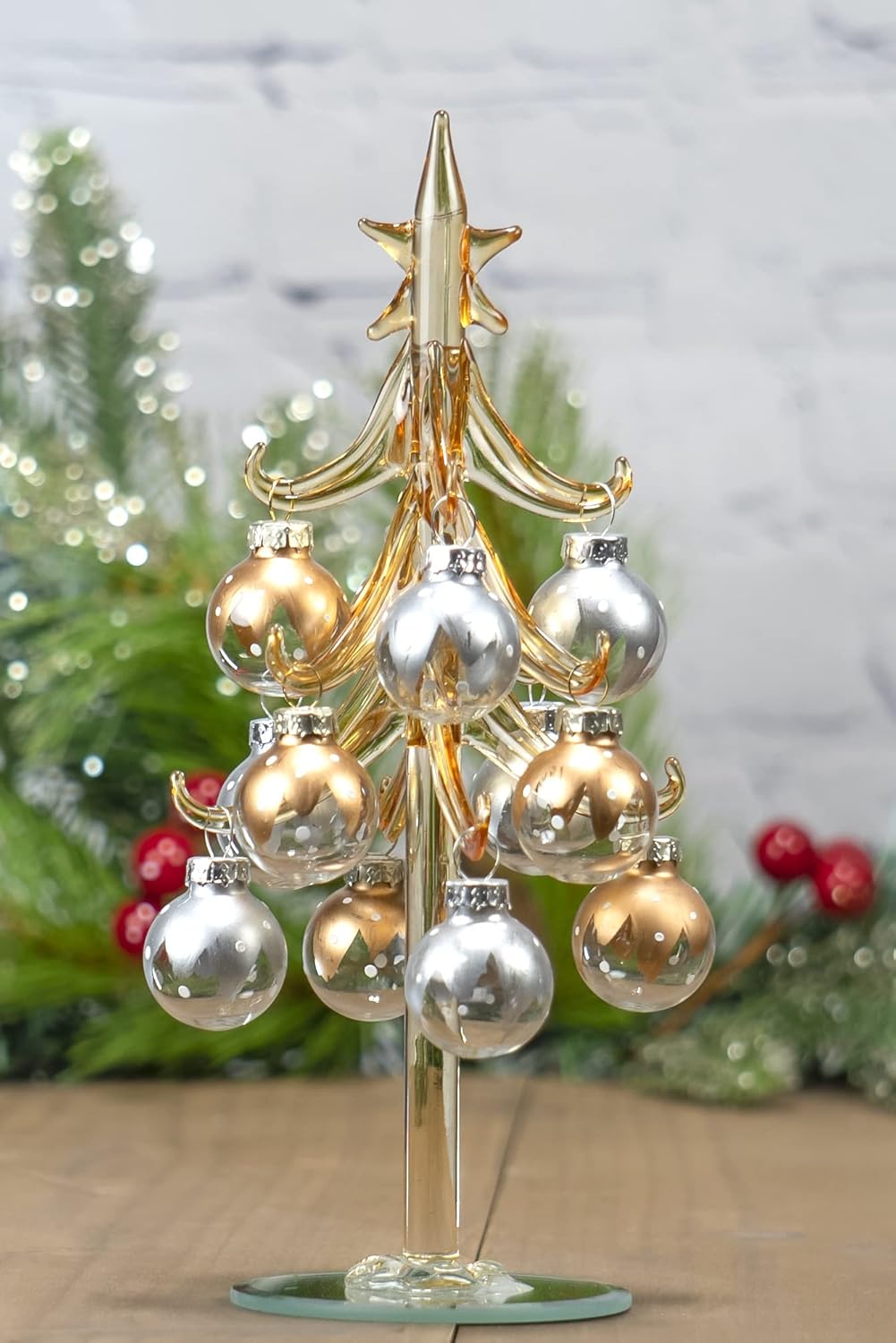 8" Small Glass Tabletop Christmas Tree with Removable Ball Ornaments, Silver & Gold Champagne, Holiday Season Décor