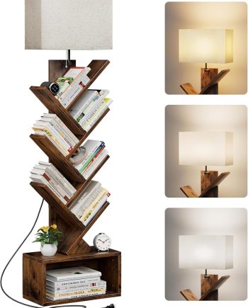 6 Tier Tree Bookshelf with Light, Narrow Bookcase Tower, Tall Floor Standing Book Organizer with Storage Cabinet for Living Room, Bedroom and Home Office, Rustic Brown