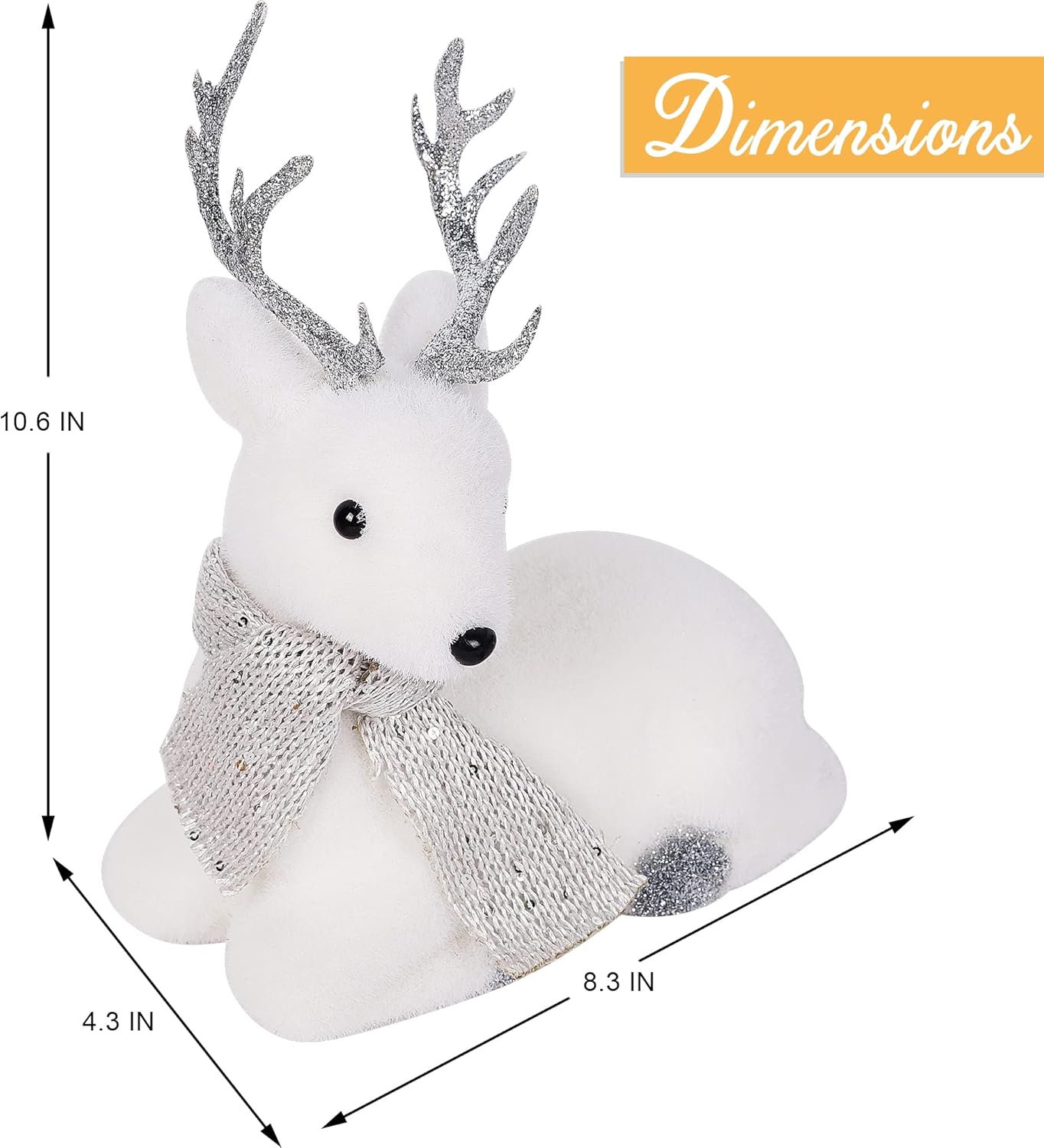 Christmas Tabletop Ornaments, Set of 2 Flocking White Lying Reindeer Figurines with Glittered Antler and Feet, Xmas Holiday Winter Mantle Shelf Centerpieces Decoration, Golden & Silver