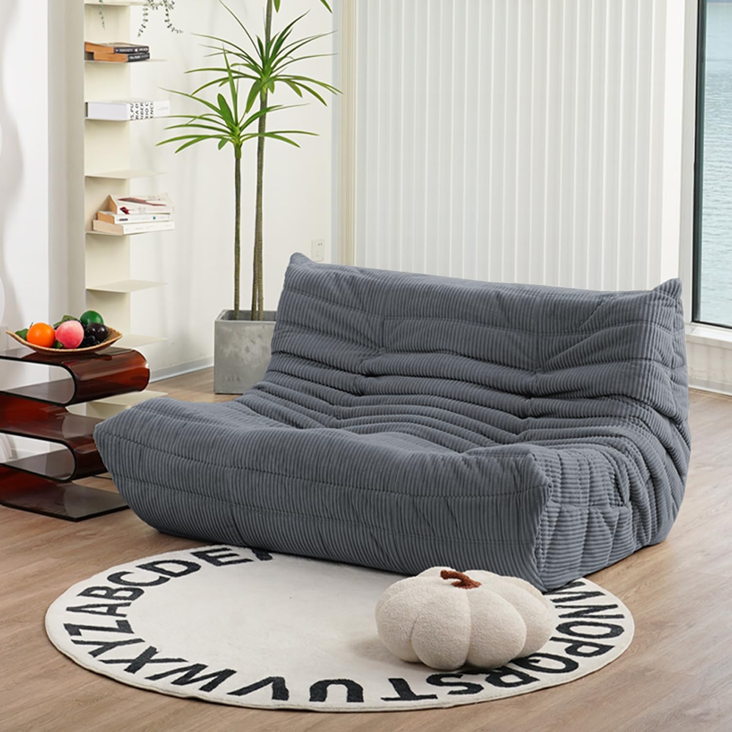 Loveseat, Mid Century Armless Twin Size Floor Sofa, Soft Premium Corduroy Floor Lounge Chair, Foam Sofa for Living Room Bedroom and Office, Frost Grey