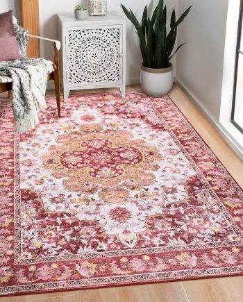 4x6 Area Rugs for Living Room, Foldable Machine Washable Rug, Soft Low Pile Non-Slip Vintage Floral Rug, Carpet for Bedroom, Dining Room, Bedside, Farmhouse, Office, Dorm (Red, 4'×6')