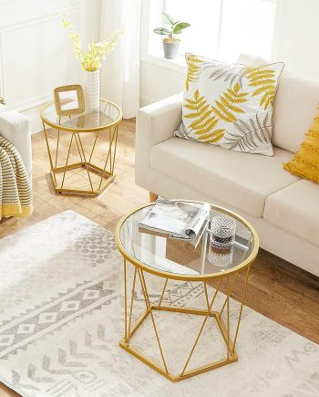 Small Coffee Table Set of 2, Round Coffee End Table with Metal Frame, Glass Top, Gold Side Table for Living Room, Bedroom and Balcony, Modern Style, Gold