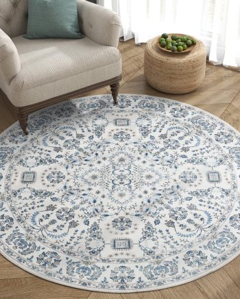 4ft Round Rug Vintage Medallion Washable Floral Rug Distressed Non Slip Floor Cover Thin Boho Soft Carpet for Living Room Bedroom Blue