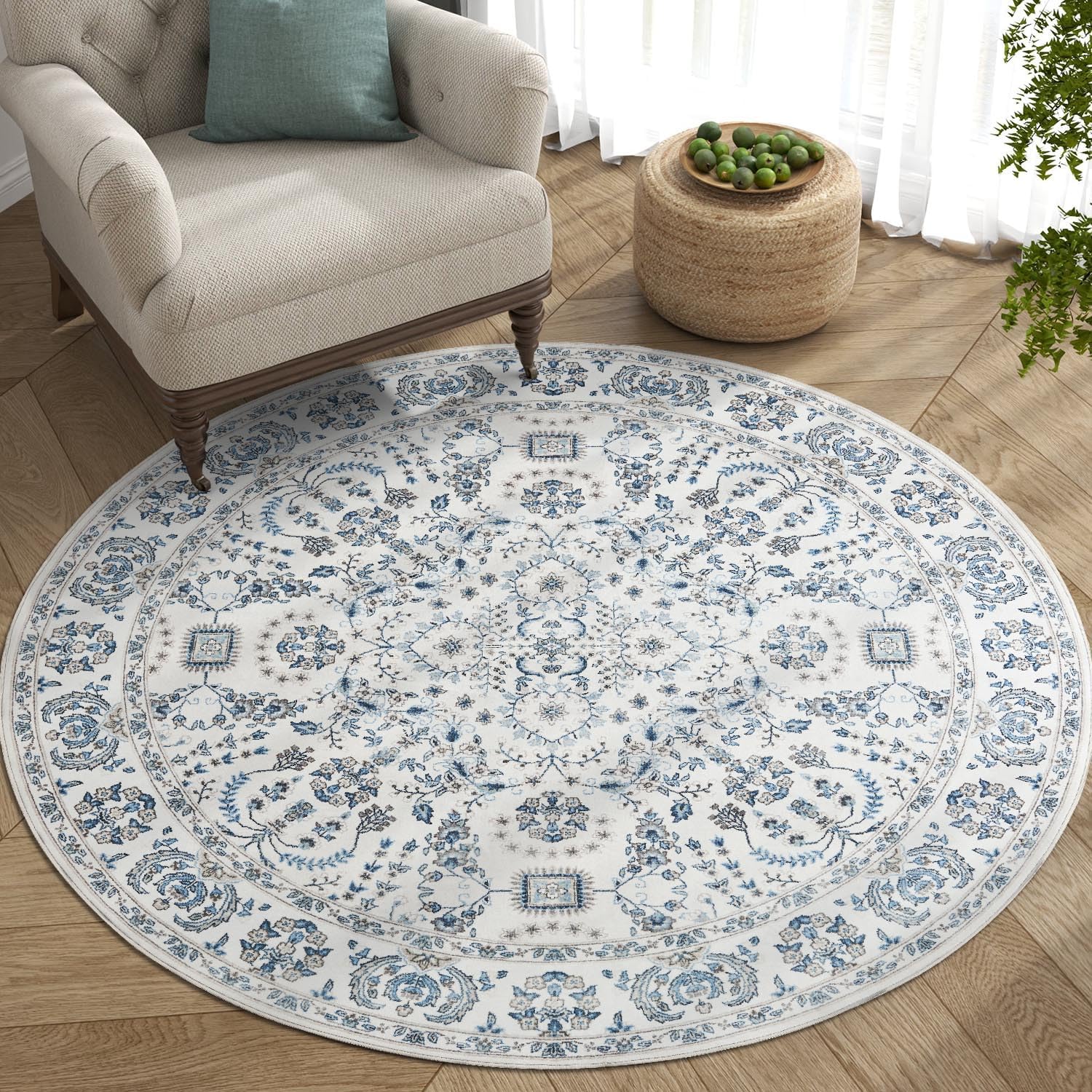 4ft Round Rug Vintage Medallion Washable Floral Rug Distressed Non Slip Floor Cover Thin Boho Soft Carpet for Living Room Bedroom Blue