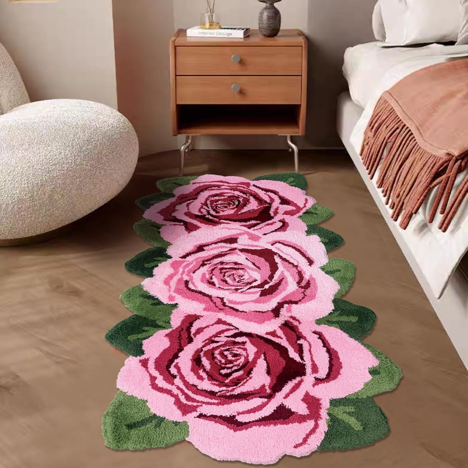Fluffy Rose Rug,Pink Rose Runner Rug Nonslip Handmade Rug s Washable Floor Runner Mats for Living Room, Laundry Room, Hallway, and Bathroom High Pile