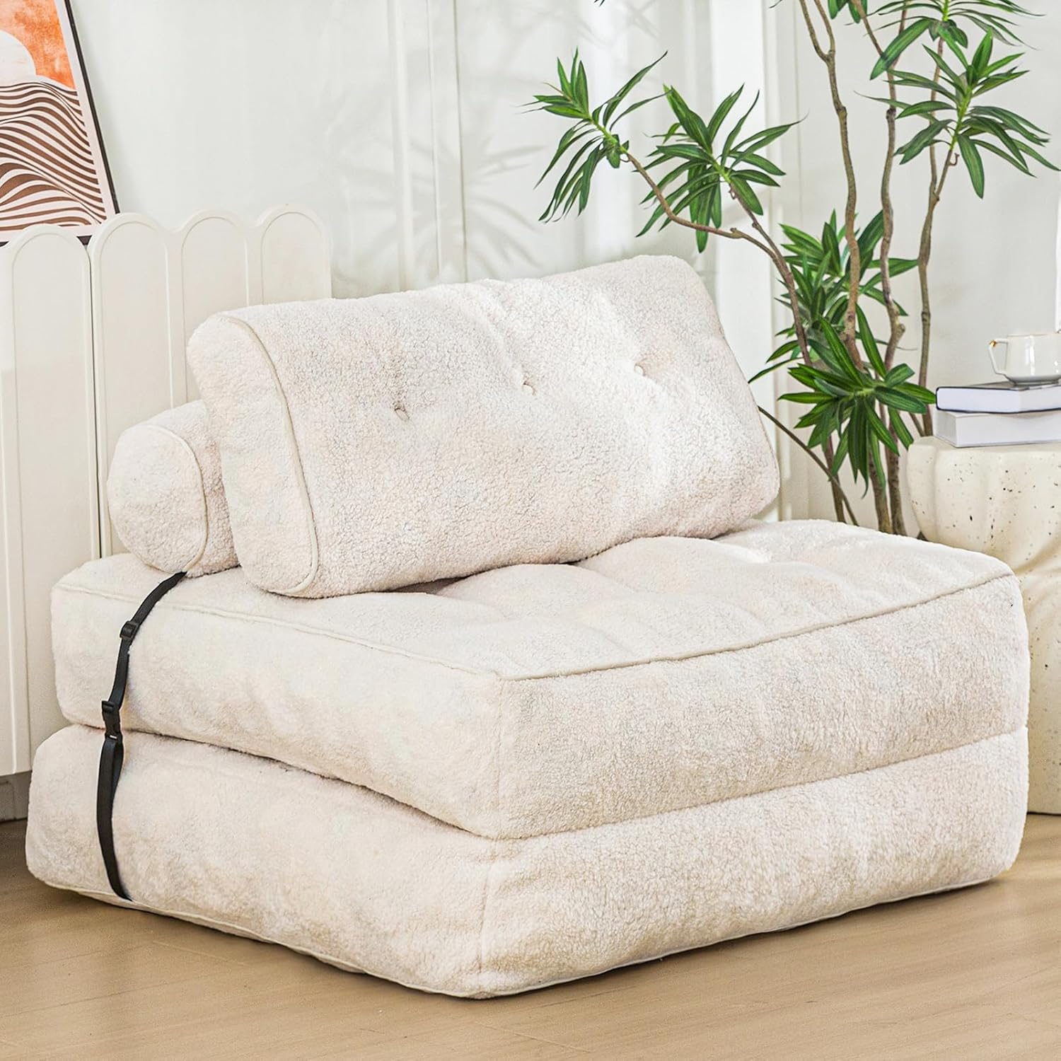 Folding Sofa Bed, Convertible Sleeper Chair with Pillow Foldable Mattress with Back Support, Portable Fold Out Sofa Couch Fuzzy Fabric Comfy Floor Lounge for Living Room Apartment, Beige