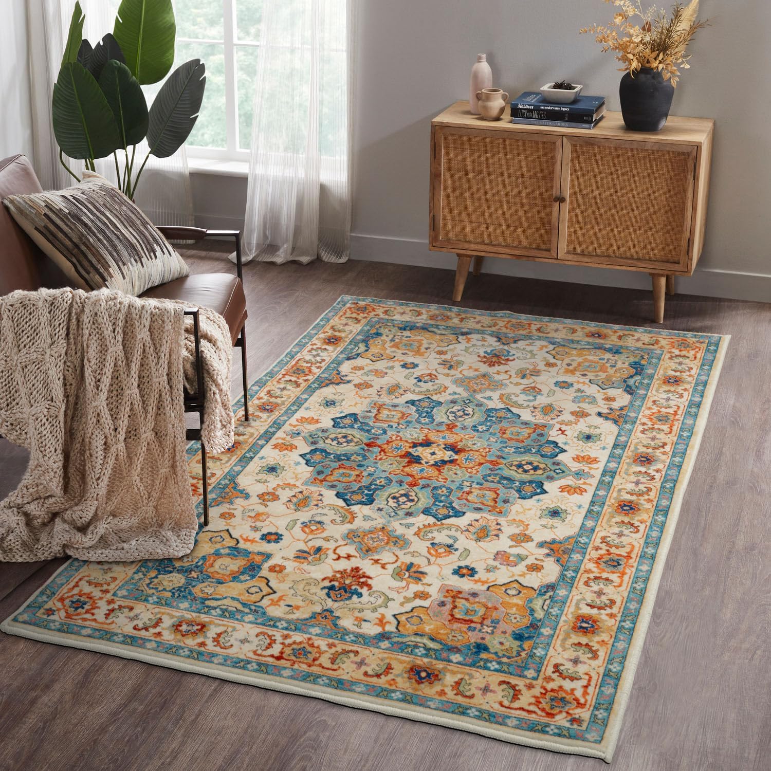 Boho Area Rug 3x5 Washable Rug Non-Slip Entryway Rug Vintage Soft Indoor Rugs for Entrance Living Room Bedroom Bedside Kitchen Office Carpet, Red-Blue