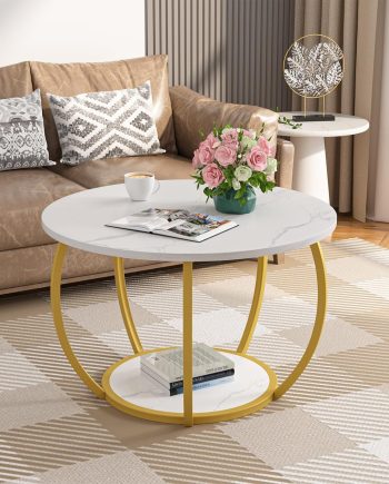 Round Coffee Table with Storage, 27.6 inch Small Living Room Tables with Adjustable Feet, 2-Tier Farmhouse Center Table for Home Office, Marble