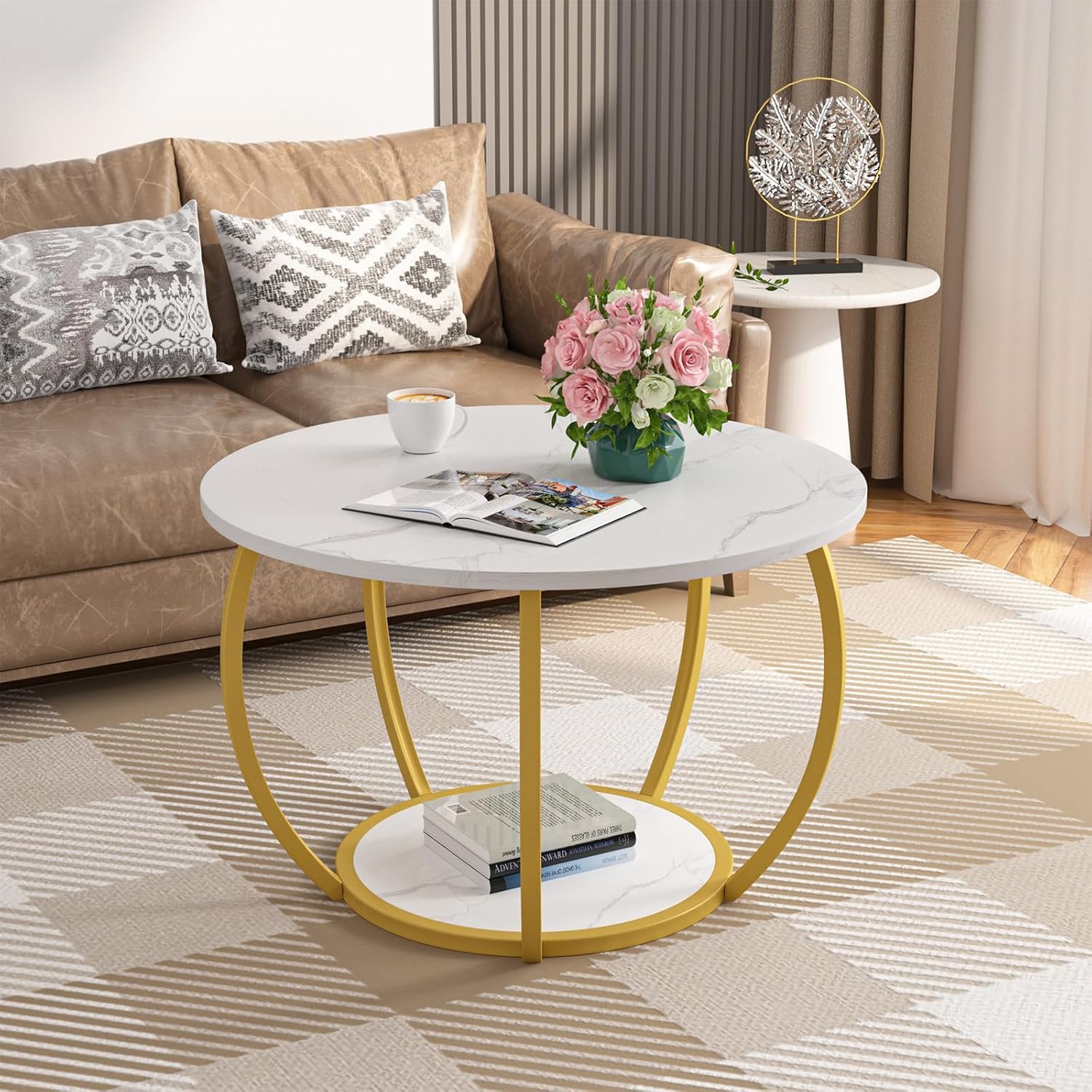 Round Coffee Table with Storage, 27.6 inch Small Living Room Tables with Adjustable Feet, 2-Tier Farmhouse Center Table for Home Office, Marble