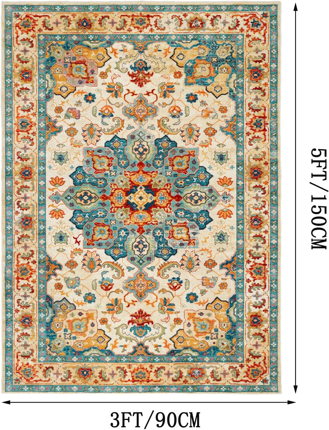Boho Area Rug 3x5 Washable Rug Non-Slip Entryway Rug Vintage Soft Indoor Rugs for Entrance Living Room Bedroom Bedside Kitchen Office Carpet, Red-Blue