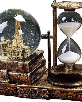 LED Music Snow Globe with Hourglass Vintage Castle Paris Eiffel Tower Home Decoration for Living Room Bedroom Book Shelf TV Cabinet Desk Table Top Decor Centerpieces Ornaments (B - Brass)