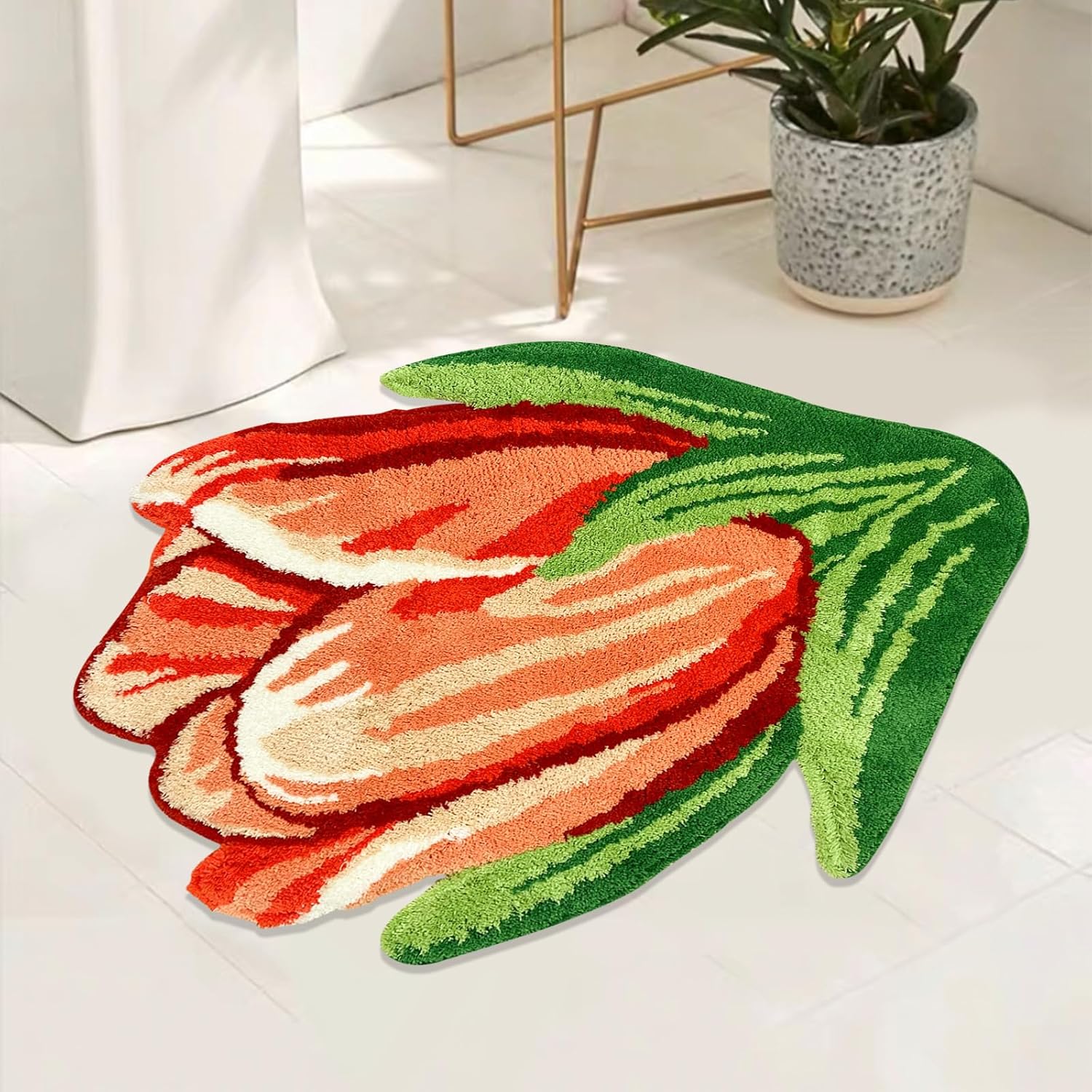 Floral Shaped Rug Vibrant Tulip Flower Area Rug Fluffy Handmade Bathroom Rug s Floor Mats for Bedroom, Laundry Room, Hallway, and Bathroom High Pile