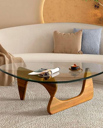 Coffee Tables for Living Room - Triangle Glass Coffee Table with Wooden Base Mid-Century Modern Abstract End Table for Study Room Office Hotel Balcony (Walnut Transparent, Small 32.2 * 22.4 * 16in)