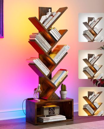 6 Tier Tree Bookshelf with Lights,  Book Tree Bookshelf with Storage Organizer, Small Corner Bookcase Floor Standing Book Shelf for Living Room, Bedroom & Home Office, Rustic Brown