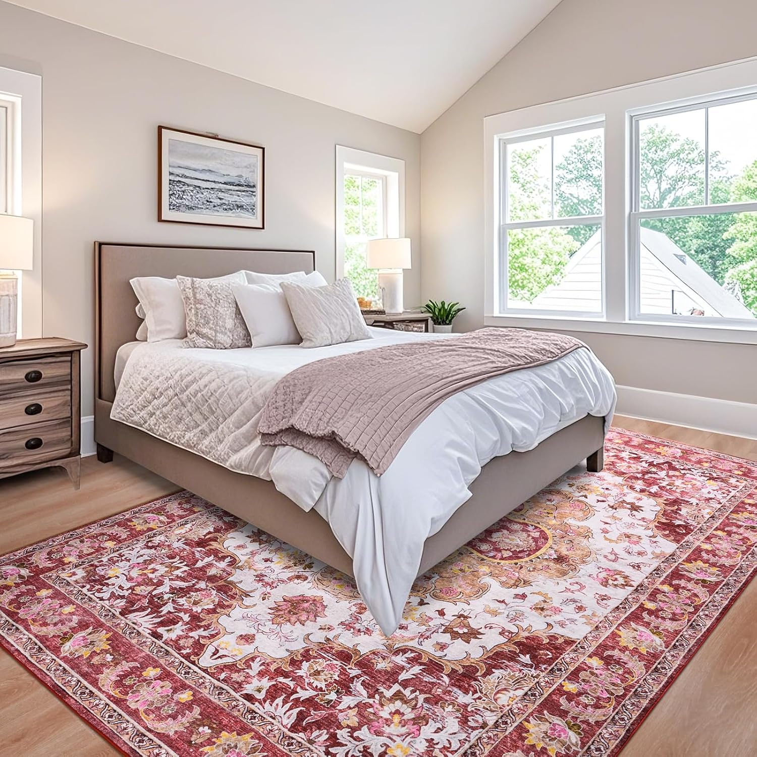 4x6 Area Rugs for Living Room, Foldable Machine Washable Rug, Soft Low Pile Non-Slip Vintage Floral Rug, Carpet for Bedroom, Dining Room, Bedside, Farmhouse, Office, Dorm (Red, 4'×6')