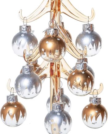 8" Small Glass Tabletop Christmas Tree with Removable Ball Ornaments, Silver & Gold Champagne, Holiday Season Décor