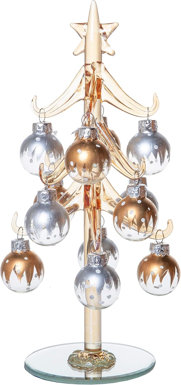 8" Small Glass Tabletop Christmas Tree with Removable Ball Ornaments, Silver & Gold Champagne, Holiday Season Décor